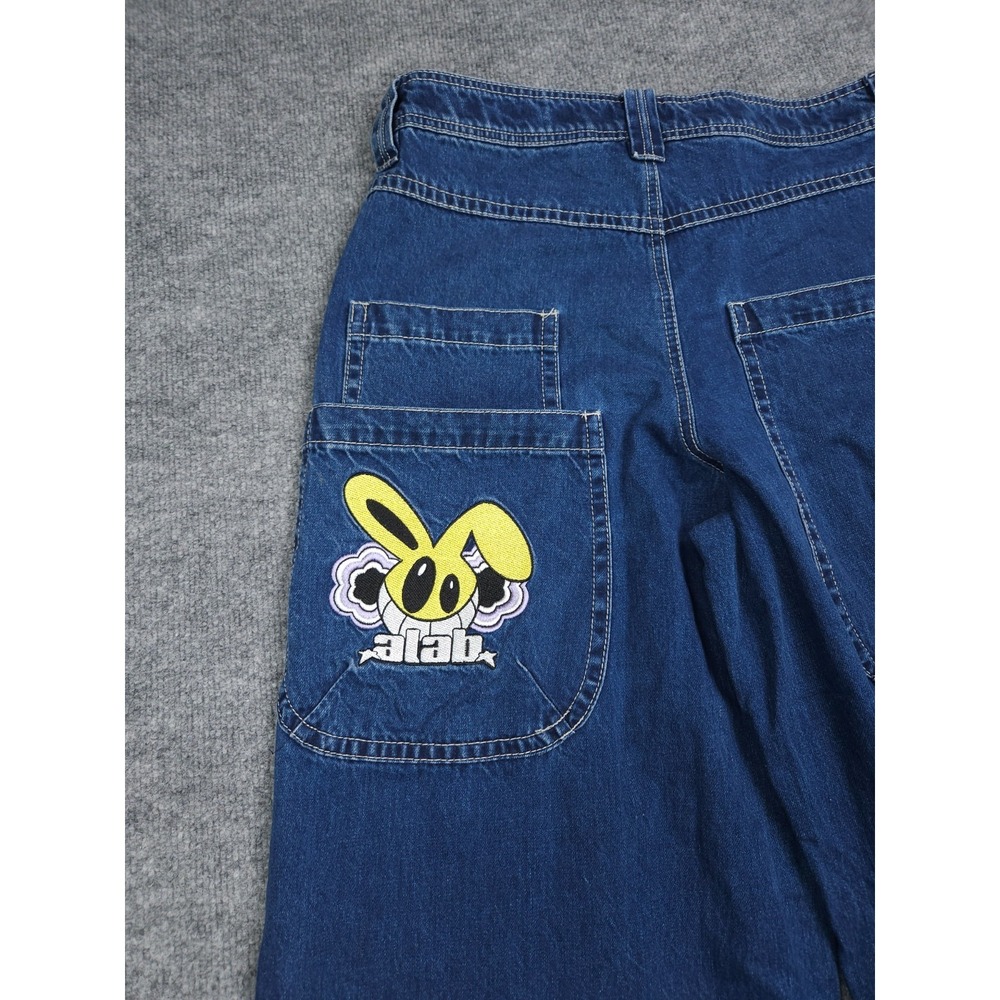 A.LAB Baggy Jeans Men 32 x 29 Blue Wide Leg Rave Y2K Embroider RAW HEM - Picture 4 of 12